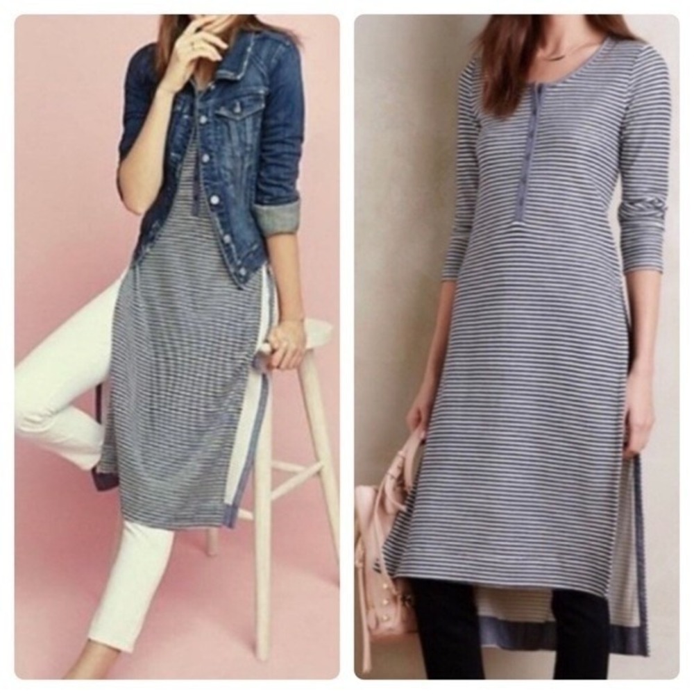 Anthropologie Postmark Stripe Henley Tunic Dress Sz L Blue Hi Low Slit Side Boho